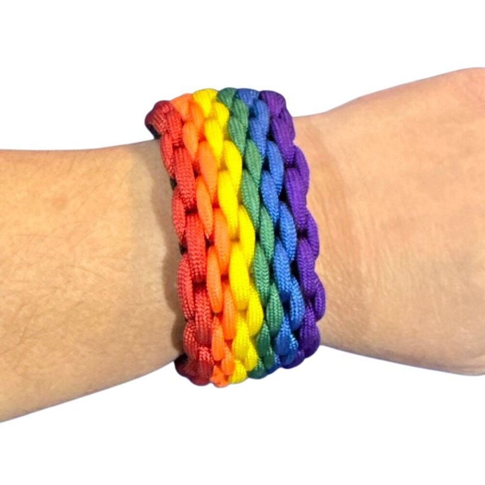 Handmade Rainbow Paracord Bracelet Pride Wide Woven 7.75”